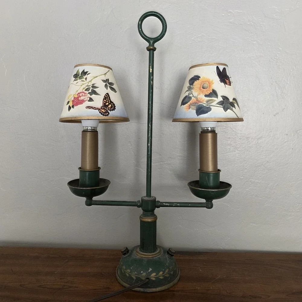 VTG Toleware Bouillotte-style Green 3-way lamp, 2 Arm w Shades. Mix of Old & New